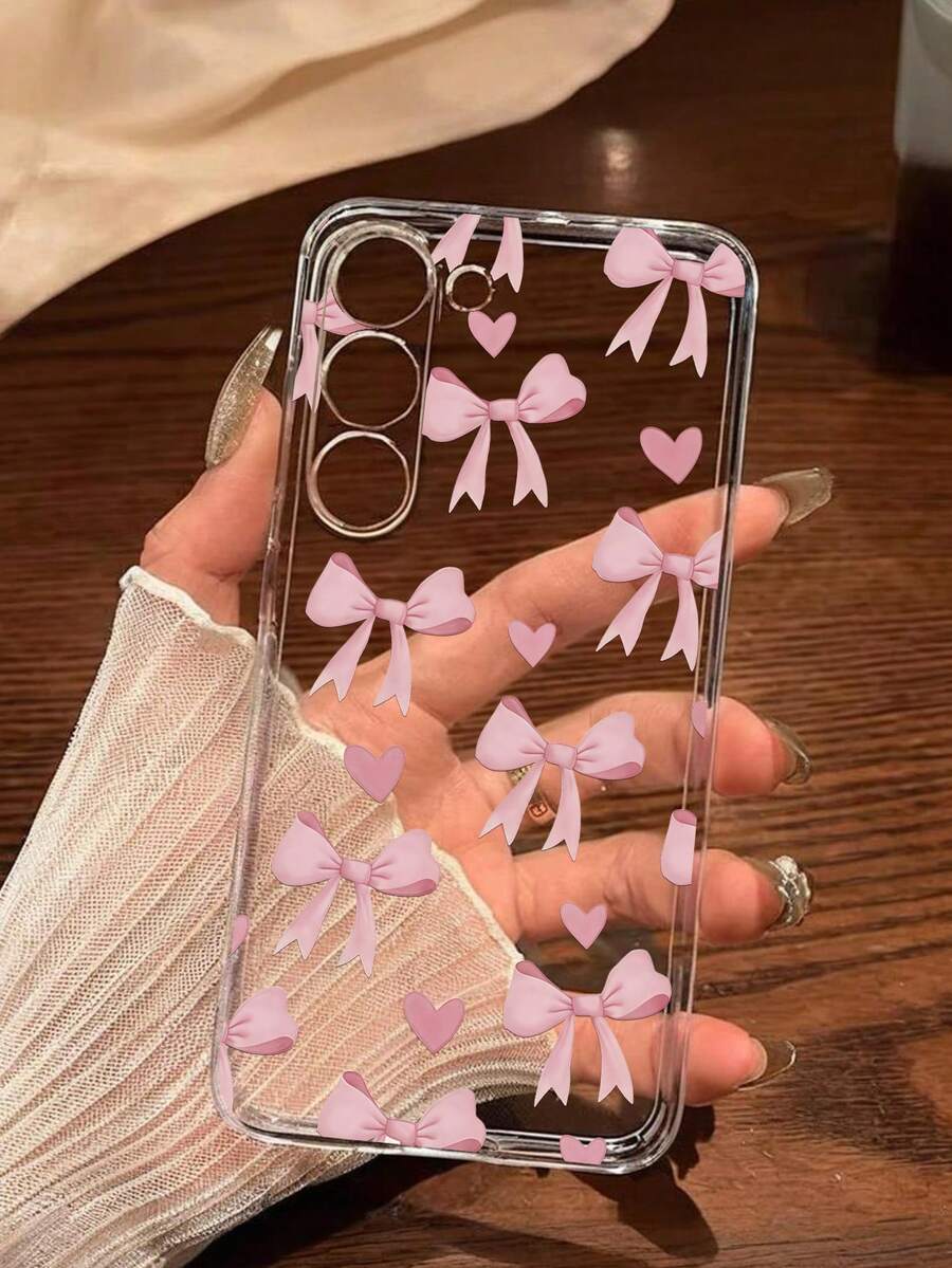 1 chiếc ốp lưng điện thoại mềm hình trái tim nơ hồng, tương thích với iPhone 17/17 Air/17 Pro/17 Pro Max, Honor, Galaxy A04e/12/A13/A14/A34/A50/A52/A53/A54/S21/S22/S23/S24/S25/S25Ultra, 6A/7A/8A, 12T/13T - Trong sáng - Xem 1