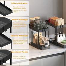 Organizador negro para debajo del fregadero (paquete de 2), estante de almacenamiento extensible con 16 ganchos, organizador multifuncional para cocina y baño. - Ver 8