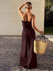Conjunto de 2 piezas de top de tirantes con volantes y pantalones sueltos casuales de verano para mujer - Burdeos - Ver 2