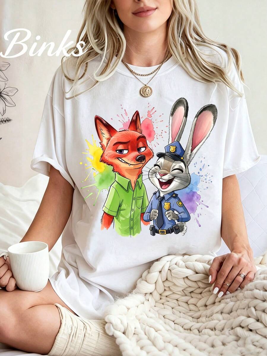 Zootopia Judy Hopps And Nick Wilde Watercolor T-Shirt, Disney Characters Colorful Graphic Tee, Casual Vacation Outfit - 白色 - 查看 1