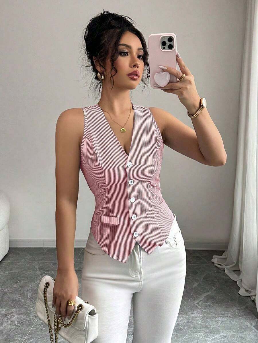 Chaleco casual de mujer de rayas minimalista de una sola hilera, adecuado para ir al trabajo y citas - Rojo - Ver 1
