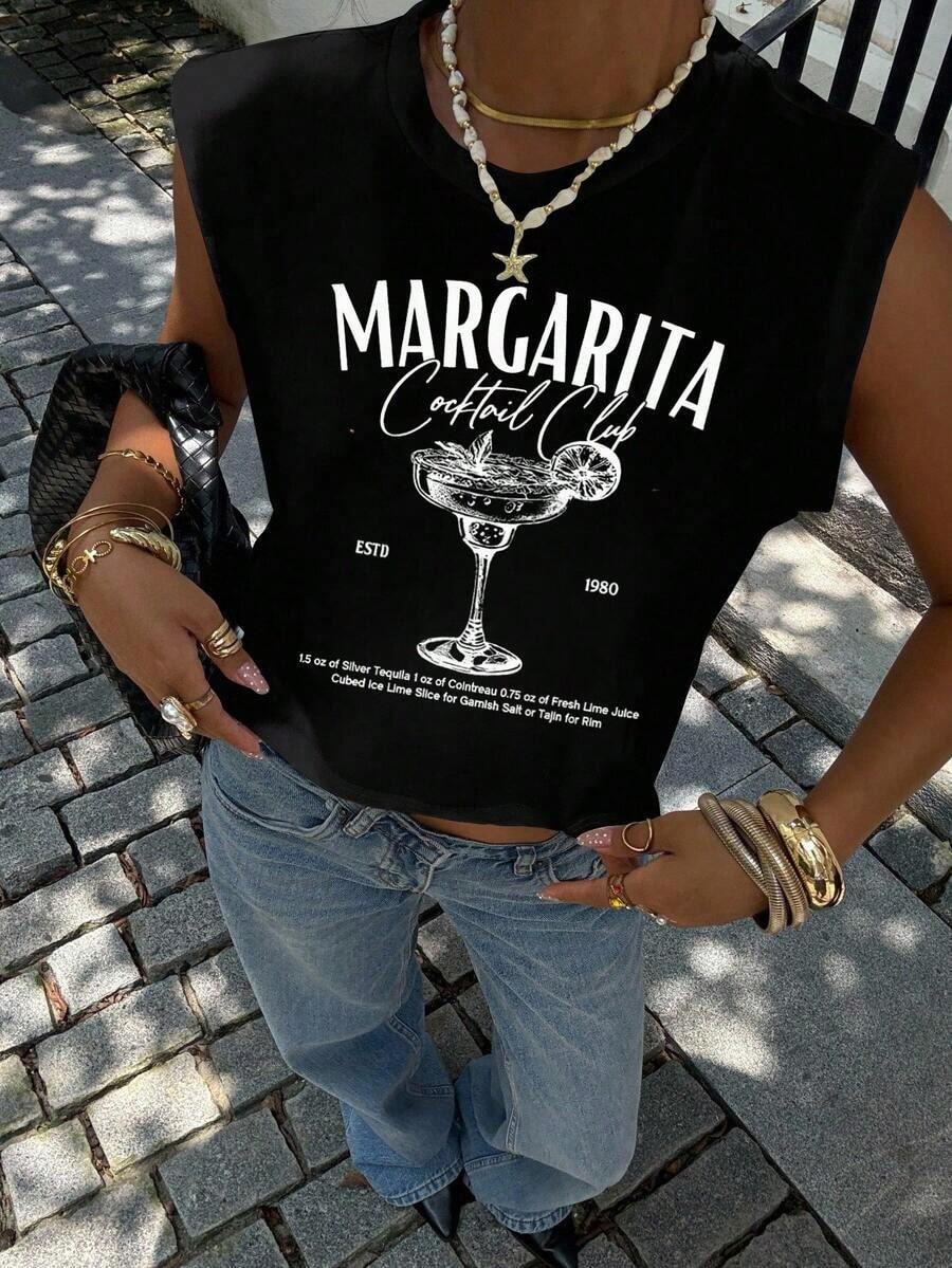 62% Algodón Camiseta de tirantes corta con cuello redondo y estampado de copos de nieve para mujer, adecuada para el verano - Negro 2 - Ver 1