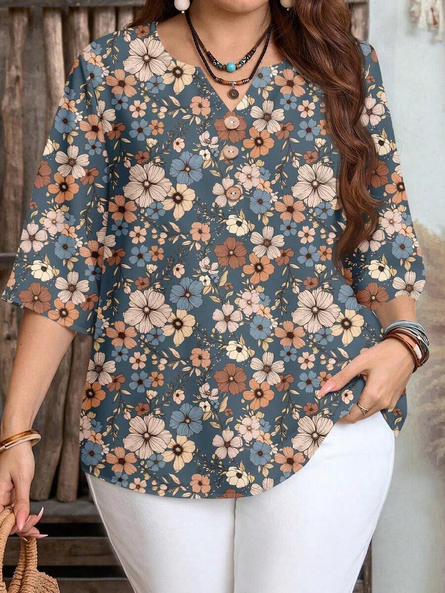 Blusa de estilo minimalista casual con mangas cortas y patrón de rayas marrones, adecuada para primavera/verano - Multicolor 2 - Ver 1