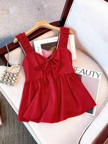Blusa de estilo vintage para vacaciones con estampado de lunares, fruncida y con nudo delantero, para verano - Rojo - Ver 6