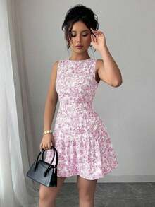 Vestido mini elegante de estilo bohemio con estampado floral, sin mangas y cintura ceñida para mujeres, conjunto de verano con acabado tejido al estilo francés para graduaciones, primavera/verano - Rosa 2 - Ver 4