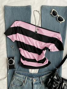 Camiseta de mujer de manga corta con cuello asimétrico y estampado de rayas - Multicolor 2 - Ver 7