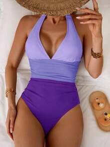 Traje de baño de una pieza con control de abdomen, estilo minimalista de unicolor, con escote halter y espalda descubierta, para vacaciones de verano en la playa - Multicolor 2 - Ver 5
