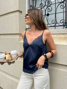 Camiseta de tirantes de mujer de verano casual con estampado de lunares y parches de encaje - Azul marino - Ver 8