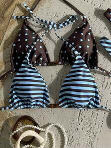 Conjunto de traje de baño de 4 piezas con cuentas marrón y a rayas, para primavera/verano 2026, conjunto de bikini de alta gama para resort de playa - Multicolor 10 - Ver 6