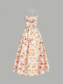 Vestido de verano con estampado floral elegante y lazo en la cintura para mujer - Amarillo 3 - Ver 5