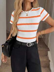 Camiseta de mujer de cuello redondo, ajustada, con textura acanalada, casual, elegante, cómoda para vacaciones y uso diario - Naranja - Ver 6