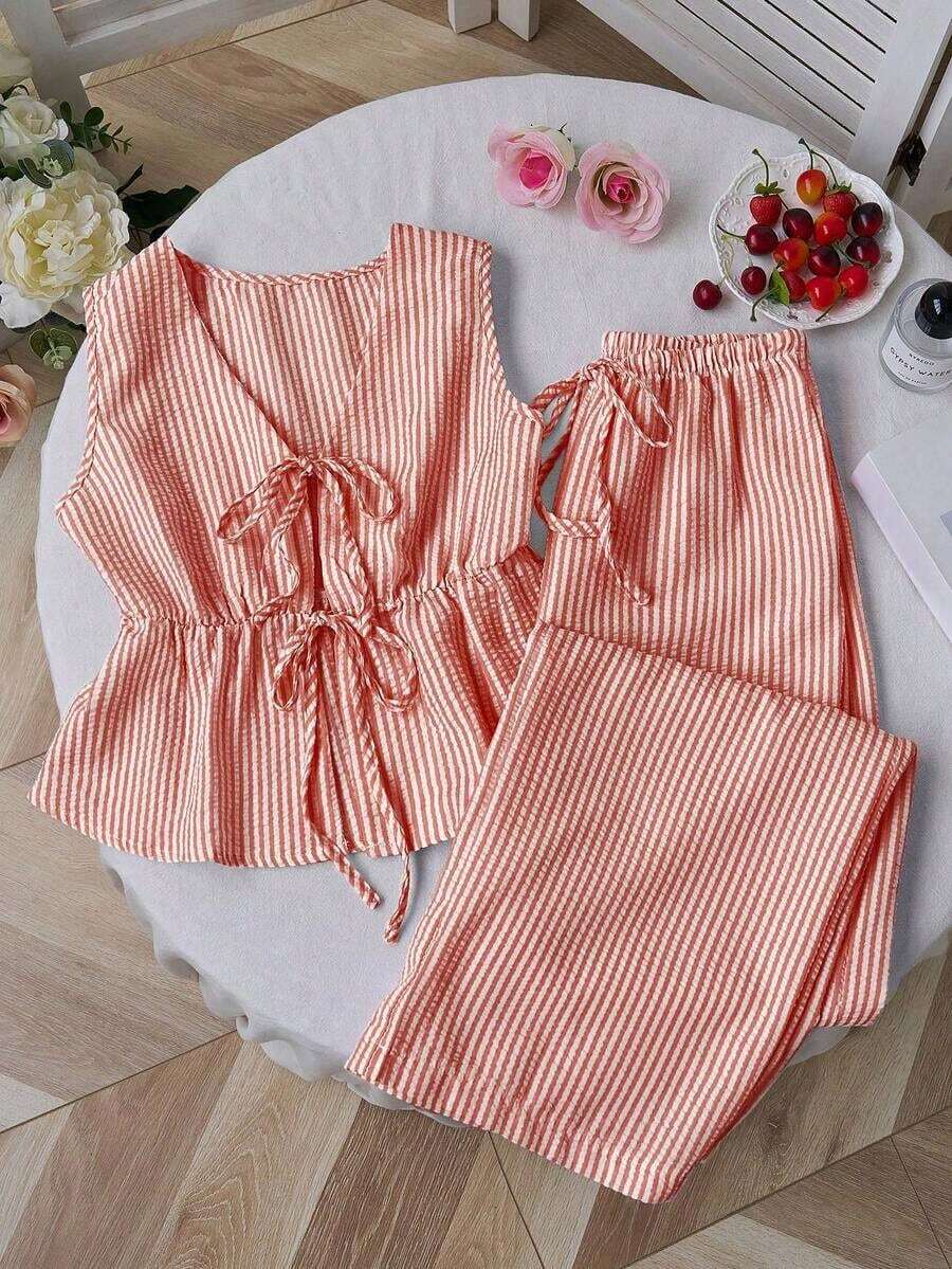 Nuevo conjunto de verano europeo y americano de dos piezas, pantalones rectos de pierna recta con cordones lisos y a rayas en rosa, estilo versátil de calle para mujeres - Rojo 2 - Ver 1