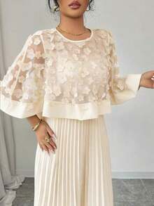 Vestido con decoración floral elegante y bajo plisado, adecuado para bodas, fiestas de cumpleaños y otras ocasiones, otoño - Albaricoque - Ver 3