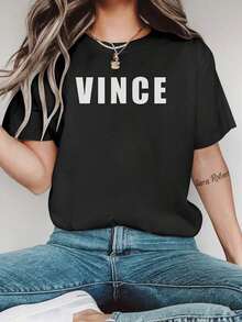 Women's Casual Short Sleeve T-Shirt With VINCE Letter Print - Black Crew Neck, Loose Fit, Machine Washable For All Seasons, Casual Wear T-Shirt, Ladies' T-Shirts, Soft Texture T-Shirt - 黑色 - 查看 1