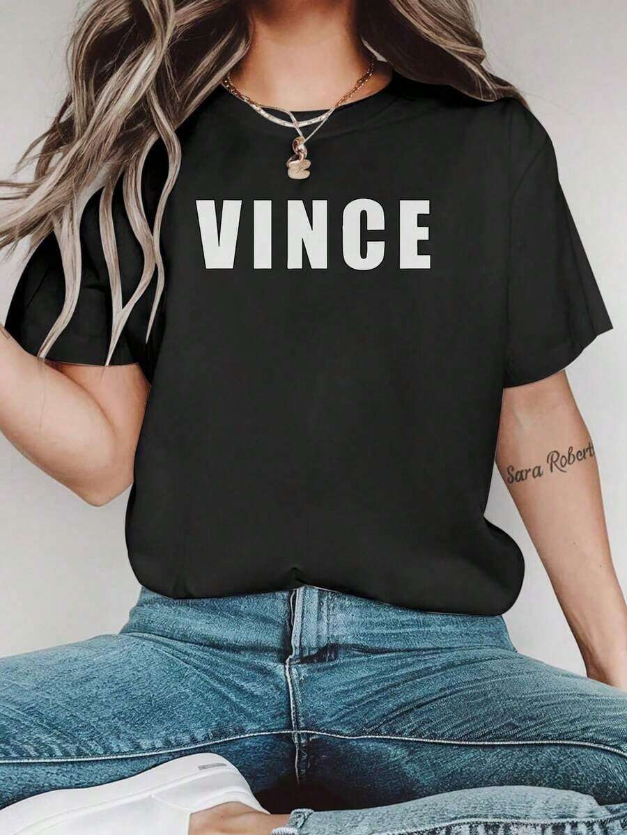 Women's Casual Short Sleeve T-Shirt With VINCE Letter Print - Black Crew Neck, Loose Fit, Machine Washable For All Seasons, Casual Wear T-Shirt, Ladies' T-Shirts, Soft Texture T-Shirt - 黑色 - 查看 1