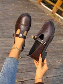2026 Spring/Autumn New T-Strap Mary Jane Shoes For Women, Low Chunky Heel Adjustable Loafers, Vintage British Academy Style, Versatile Commuter Daily Work Shoes - Brown - View 2