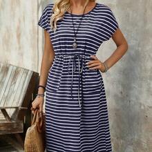 Women's Casual Striped Drawstring Waist Mid-Length Dress, Vacation Wear - Multicolor - Ver 7