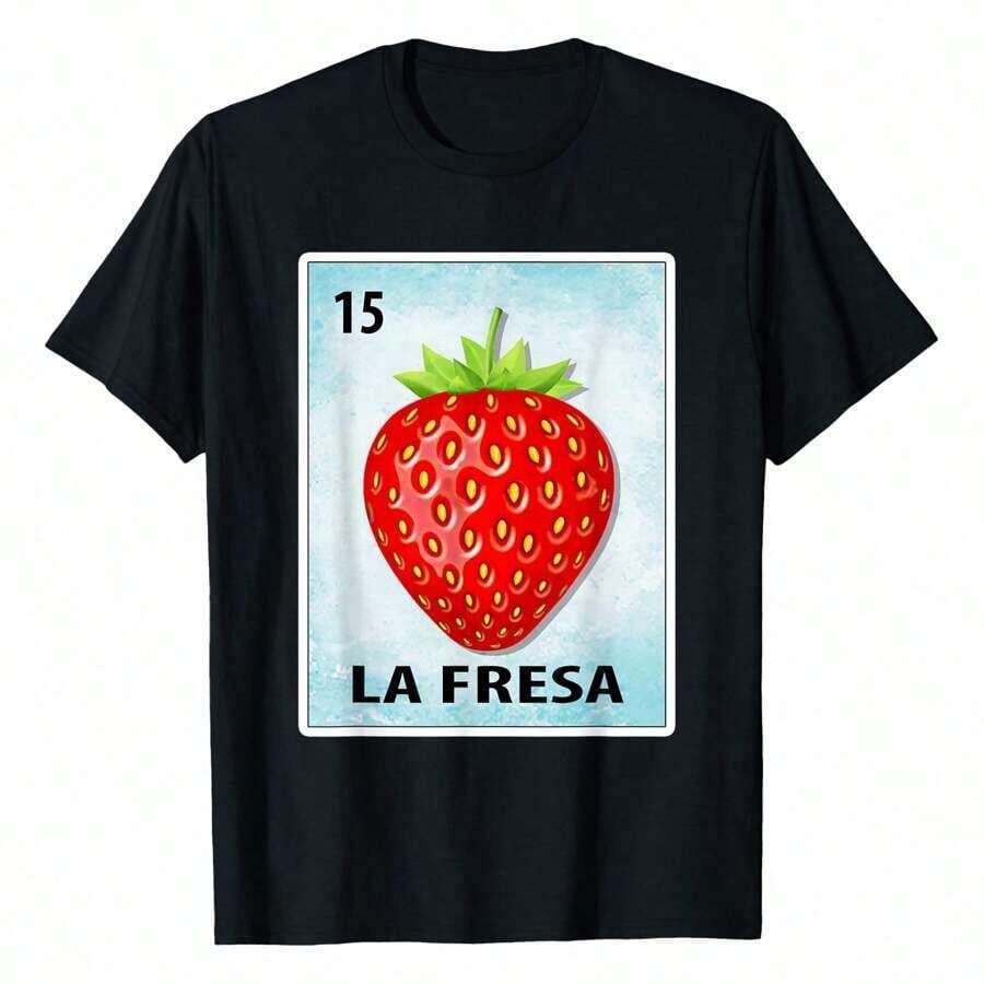 Camiseta La Fresa Mexican Strawberry Cards, Camisetas Gráficas de Manga Corta, Camisetas Casuales para Mujer, Camiseta 100% Algodón, Camisetas Divertidas Estampadas de Manga Corta para Mujer, Tops de Verano, Suaves y Cómodas para Uso Diario, Regalo para Mujer, Camiseta Negra - Blanco - Ver 1