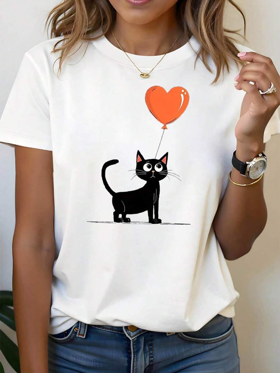 Negro gato con naranja corazón globo impresión gráfica primavera de las mujeres - verano corto - manga tripulación - cuello casual T - camiseta, estilo diario, salida diaria, regalo de vacaciones
