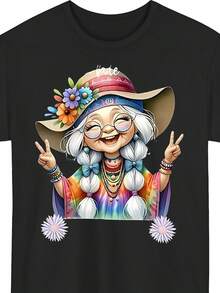 Camiseta estampada estilo hippie vintage para mujer con el eslogan Los viejos hippies divertidos no desaparecerán simplemente se convertirán en abuelas locas Diadema retro de abuela hippie de los años 60 y 70 con corona floral y diseño de pavo real blusas para mujer camiseta de mujer nacional envio - Negro - Ver 1