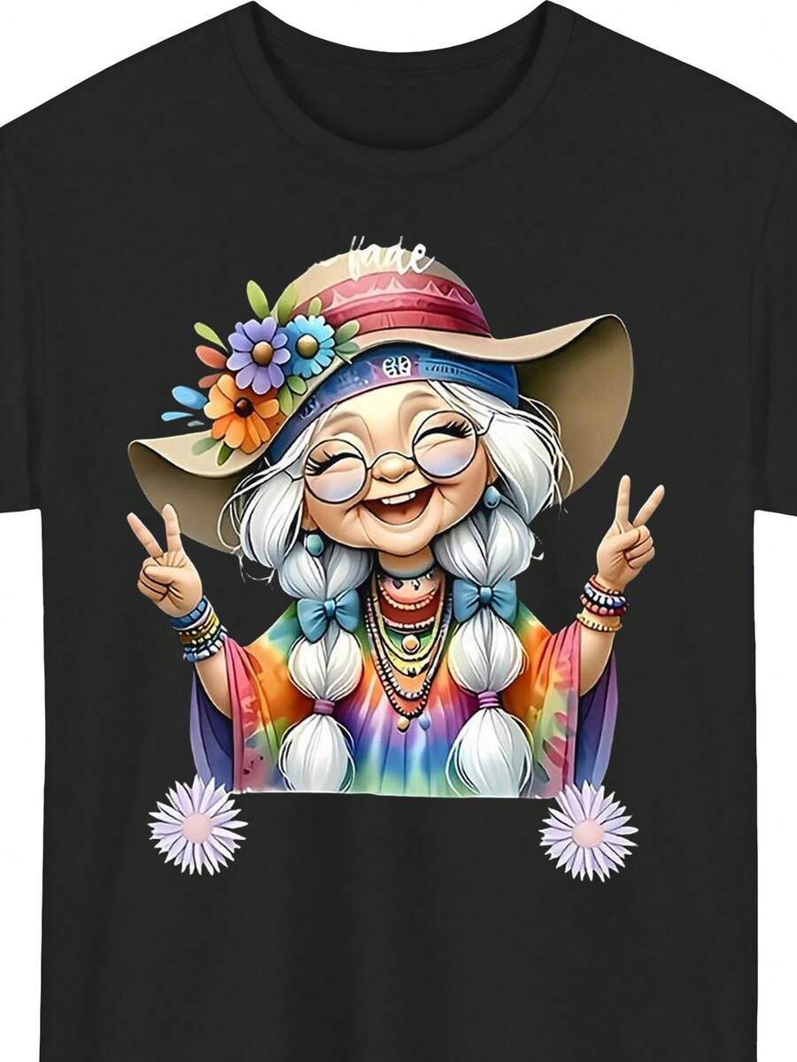 Camiseta estampada estilo hippie vintage para mujer con el eslogan Los viejos hippies divertidos no desaparecerán simplemente se convertirán en abuelas locas Diadema retro de abuela hippie de los años 60 y 70 con corona floral y diseño de pavo real blusas para mujer camiseta de mujer nacional envio - Negro - Ver 1