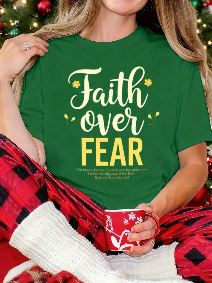 Camiseta para mujer cristiana, 1 prenda de ropa casual para mujer con estampado floral, 100% algodón puro, manga corta, cuello redondo, tallas regulares y grandes, adecuada para todas las estaciones, tejido de punto, 180 gramos, ideal como regalo para el Día de Acción de Gracias y Navidad. Para el verano. - Verde - Ver 1
