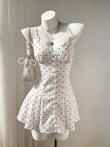 Vestido mini ajustado de línea A, sexy, con camisola de lunares - Rojo - Ver 6