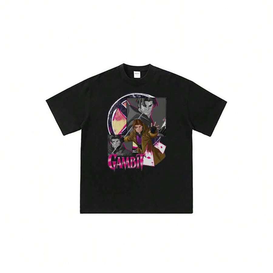 Camiseta unisex de cuello redondo con estampado de personajes de anime de verano, estilo casual y urbano, inspirada en el collage de Gambit de Marvels y Xs-Men. - Negro - Ver 1