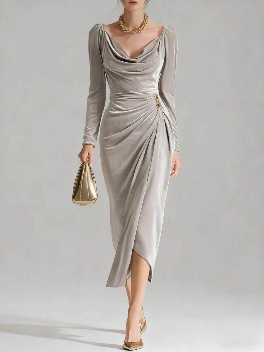 New Women's Long Dress, Made Of Shiny Velvet, Casual And Sexy Style, Long Sleeves, Pleated, Side Slit, Mermaid Cut, Flattering Design, Perfect For Parties And Special Nights - 灰色 - 查看 1