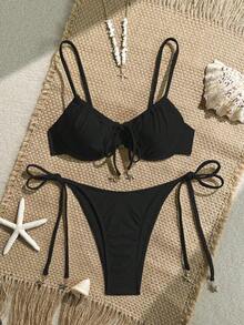 Conjunto de bikini para mujer con top de tirantes con aros y sujetador push-up con estampado digital y Bottom con lazos laterales, para primavera/verano - Negro - Ver 1
