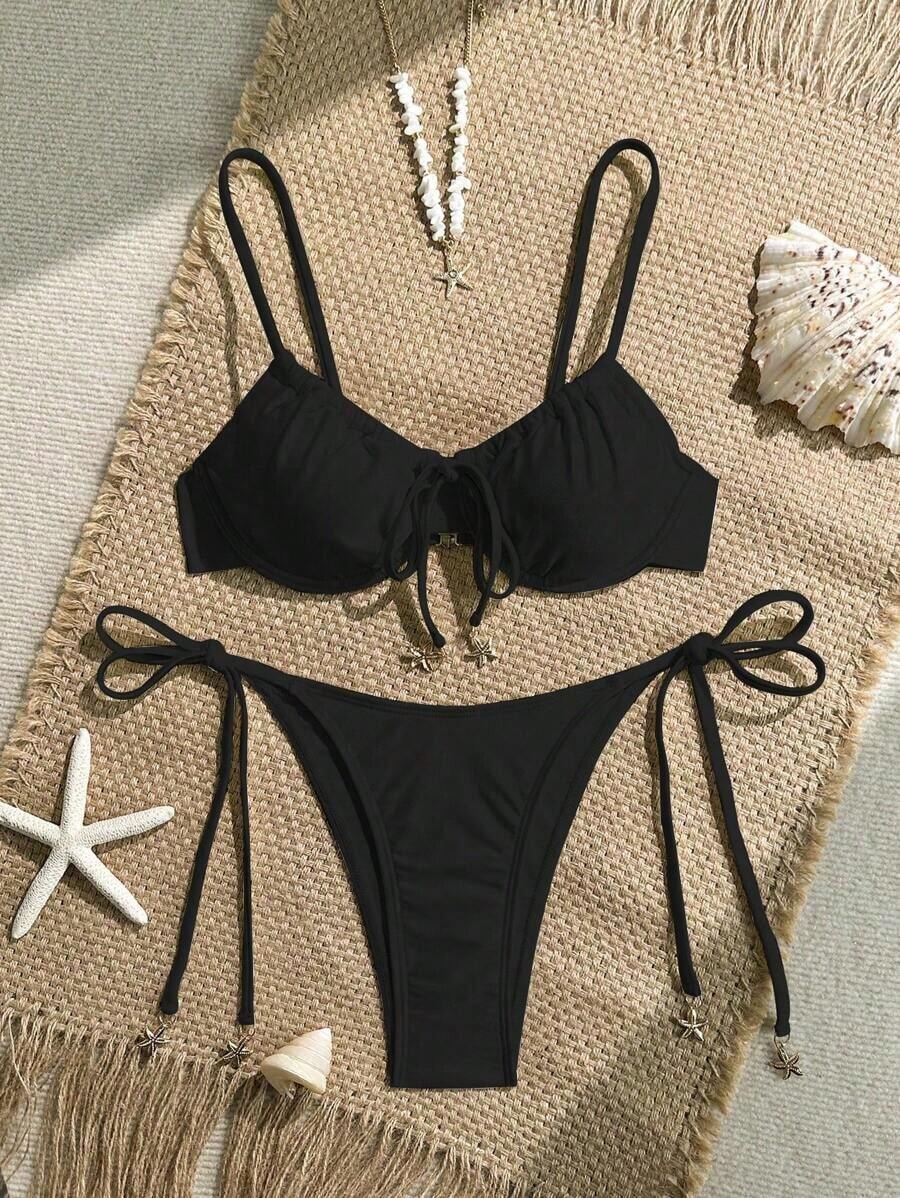Conjunto de bikini para mujer con top de tirantes con aros y sujetador push-up con estampado digital y Bottom con lazos laterales, para primavera/verano - Negro - Ver 1