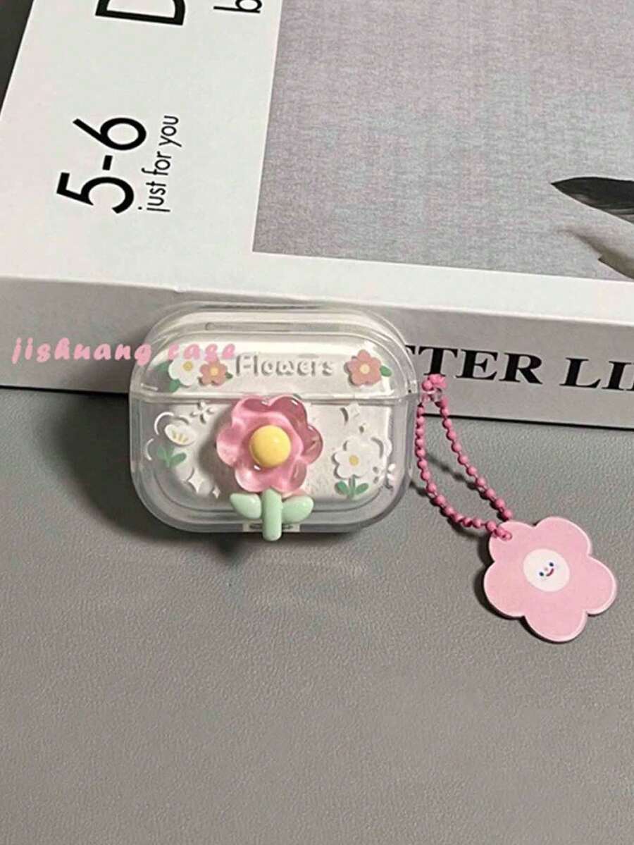 透明3D立体花卉保护套，带吊坠，兼容苹果1/2/3/4/Pro/Pro2蓝牙耳机 - 彩色 - 查看 1