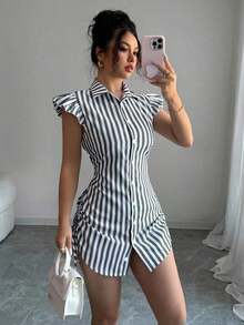 Vestido camisa elegante de vacaciones con mangas acampanadas, cintura fruncida y rayas azules - Negro - Ver 5