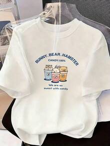 Camiseta de Manga Corta con Personajes Dulces,Camiseta de manga corta de moda para primavera y verano de 2026, hecha en México, 180 gramos. Estampado de dibujos animados, modelo de pareja, apta para uso interior o exterior. Cuello redondo, unisex, ideal para oficina y ocio. Paquete de una pieza. - WH-P631577SLNDXZGY440 - Ver 2