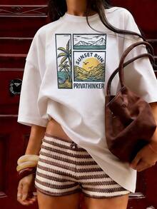 Retro Summer Style Short Sleeve T-Shirt, Fashionable Short Sleeve T-Shirt For Spring And Summer 2026, Made In Mexico, 180 Grams. Cartoon Print, Couple Design, Suitable For Indoor Or Outdoor Wear. Crew Neck, Unisex, Ideal For Office And Leisure. One-Piece Pack. - WH-P631577SLNDXZGY452 - 查看 3