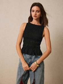 Camiseta de mujer informal de cuello redondo con pliegues de color liso y versátil - Negro - Ver 5