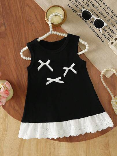 Girls' Lace Trim Bow Decor Sleeveless Dress, Suitable For Outdoor, Casual, Holiday Wear, Summer