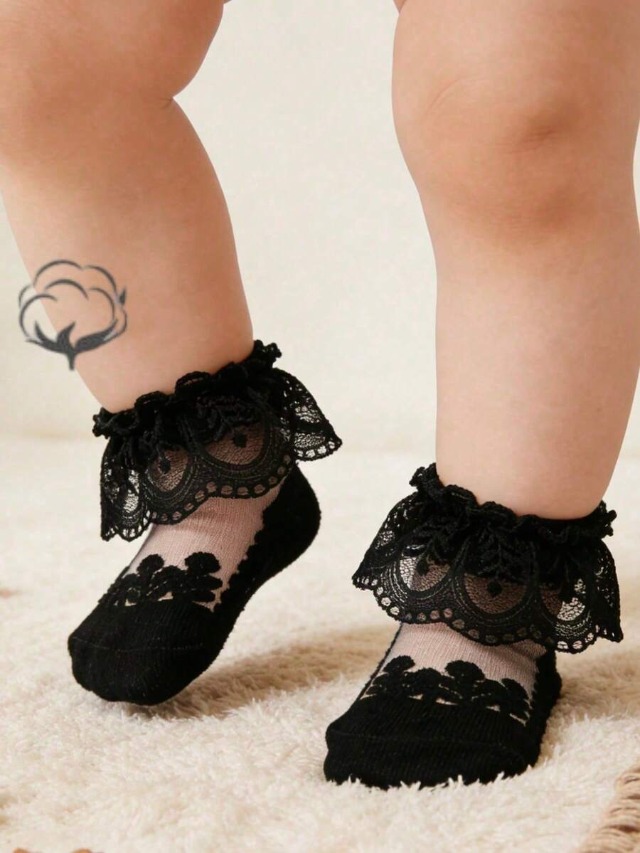 1 đôi tất ngắn bằng cotton mỏng, thoáng khí, có ren và pha lê, dành cho bé gái, mùa hè. - màu đen - Xem 1