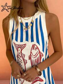 Starfish Shiny Bohemian Style Summer Beach Vacation Comfortable Women's Colorblock Striped Fish Print Sleeveless Dress - Blue - View 3