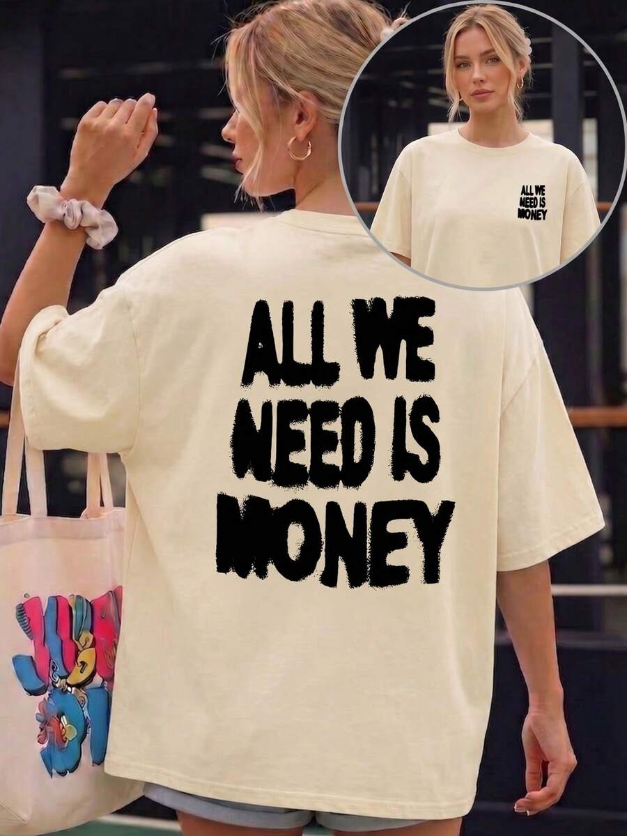 標準版型短袖T恤,INS風格「We Only Need Money」大面積背後圖案印花,奶油色輕盈夏季美學休閒上衣 - 杏色 - 查看 1
