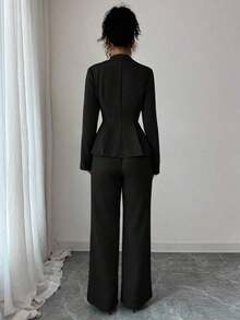 Elenzya Traje elegante que afina la cintura, pantalones acampanados y estilizadores para uso diario, adecuado para vacaciones, citas, Día de la Independencia, atuendo de maestra - Negro - Ver 2