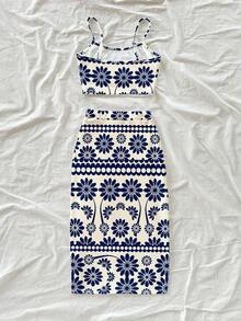 Conjunto de 2 piezas de top de tirantes con estampado floral y falda midi con lazo fruncido en la cintura, adecuado para verano, vacaciones y atuendo de playa - Multicolor 4 - Ver 2