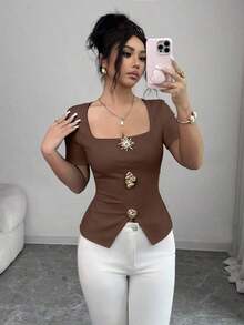 Blusa elegante y urbana de cuello cuadrado con decoración metálica de manga corta ajustada para mujer, adecuada para uso diario, bodas, galas, viajes, fiestas de graduación, vacaciones, citas, fiestas, Halloween, Navidad, Año Nuevo, Acción de Gracias, bodas - Marrón - Ver 6