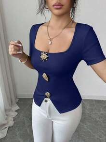 Blusa elegante y urbana de cuello cuadrado con decoración metálica de manga corta ajustada para mujer, adecuada para uso diario, bodas, galas, viajes, fiestas de graduación, vacaciones, citas, fiestas, Halloween, Navidad, Año Nuevo, Acción de Gracias, bodas - Azul marino - Ver 5