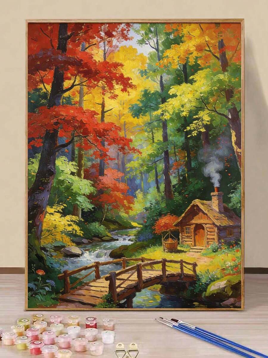 秋季森林小屋橋樑溪流風景 DIY 數位油畫 手作工藝家居裝飾 40x50cm/16x20in 節日禮物 - 40*50厘米 - 查看 1