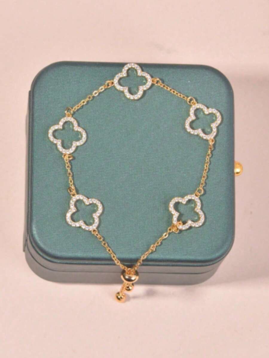1 pieza Pulsera minimalista de trébol de cuatro hojas, accesorio de flor de lujo francés con circonita cúbica (caja de regalo no incluida) - Oro 3 - Ver 1