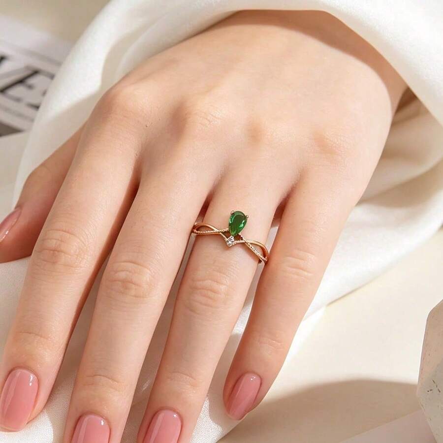 Rose Gold Emerald Teardrop Open Ring: Elegant Green Gem With Adjustable Comfort Fit The Diamonds And Other Gemstones Set In The Product Are Synthetic Simulations - Yellow Gold - View 1
