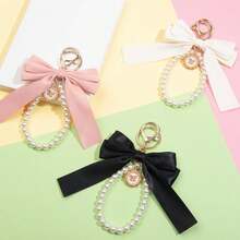 2pcs Bow Keychain, Cute Keychain, Wristlet Keychain, Ribbon Keychain Pearl Bag Charm Purse Handbags Backpack - Pink - View 7