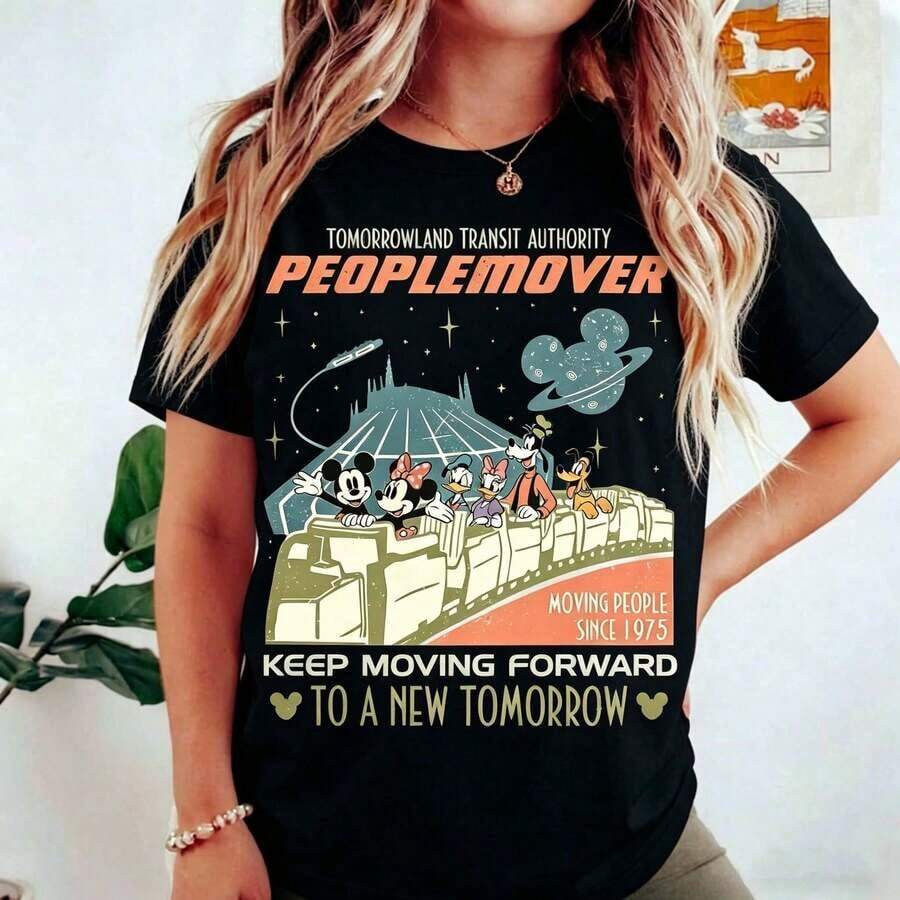 Womens Clothes;Summer TopsBuy VintageDisney Mickeyand Friends Space Mountain Shirt, Tomorrowland Transit Authority People Mover Tee, Keep Moving Forward, WDW Disneylandsummer Outfitsclearance For Women LZ0W - 黑色 - 查看 1