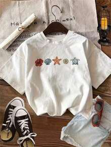 Dam-T-shirt med sjöstjärnor, snäckor, sköldpaddor och blommor, kortärmad, vår/sommar, perfekt julklapp., sommar-T-shirt - Vitt - Visa 6